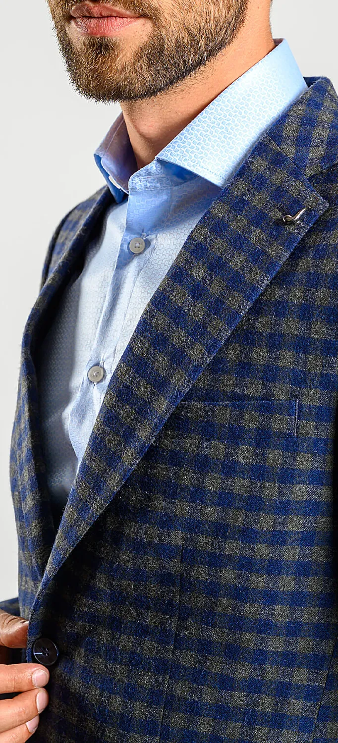 Alain Delon Giacca Verde-Blu a Quadri Lana Slim