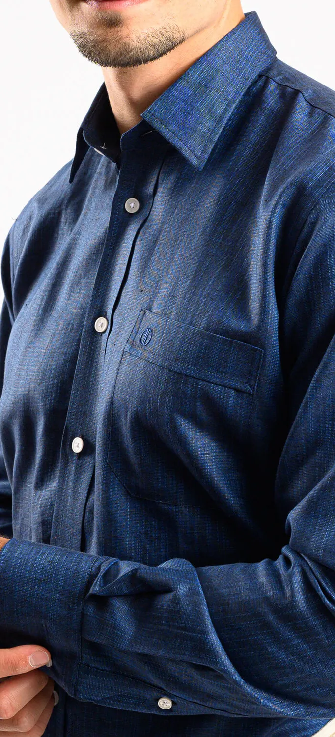 Alain Delon Camicia Slim Fit Blu Lino Cotone