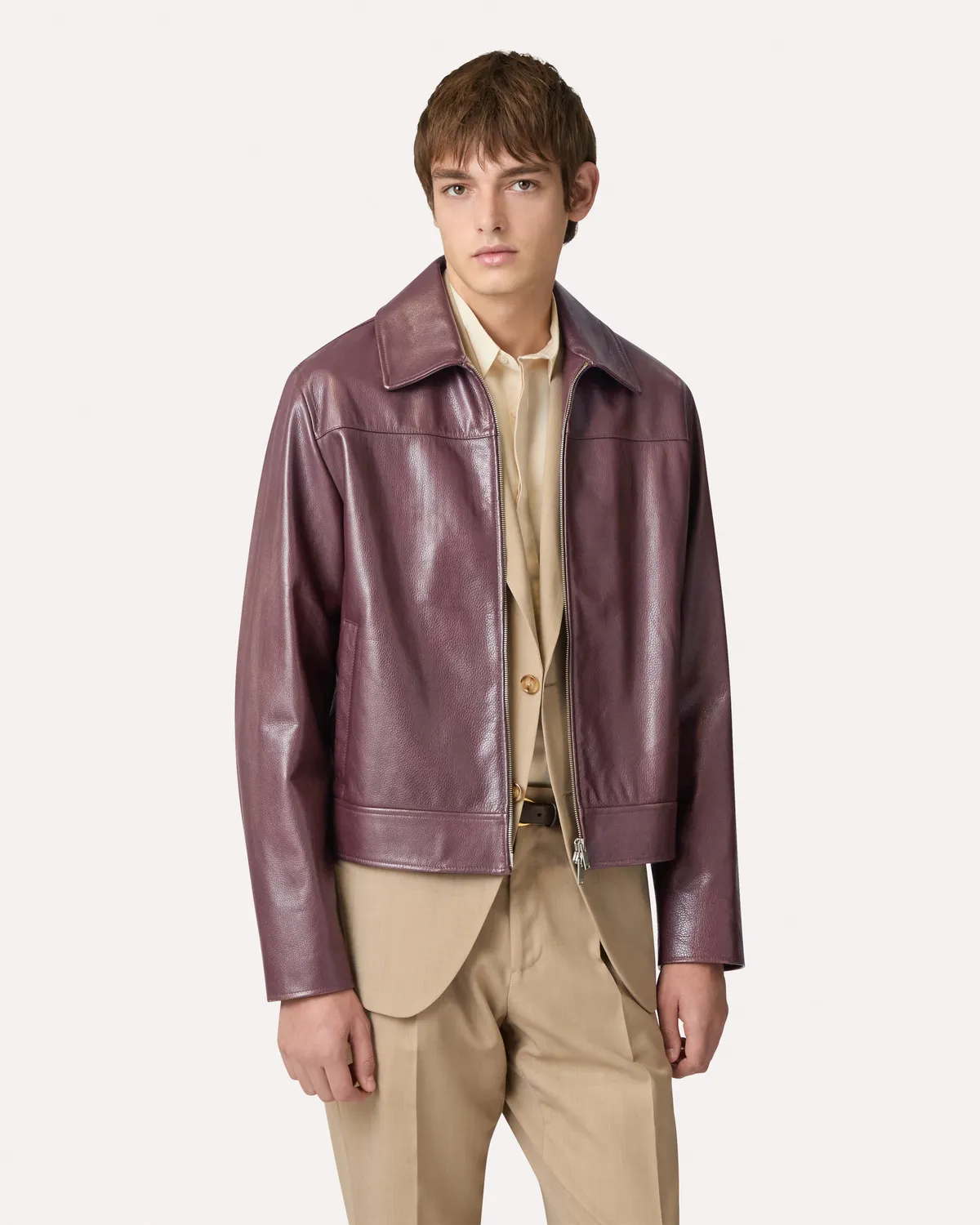 Lardini Giubbino pelle vitello marrone zip collo camicia