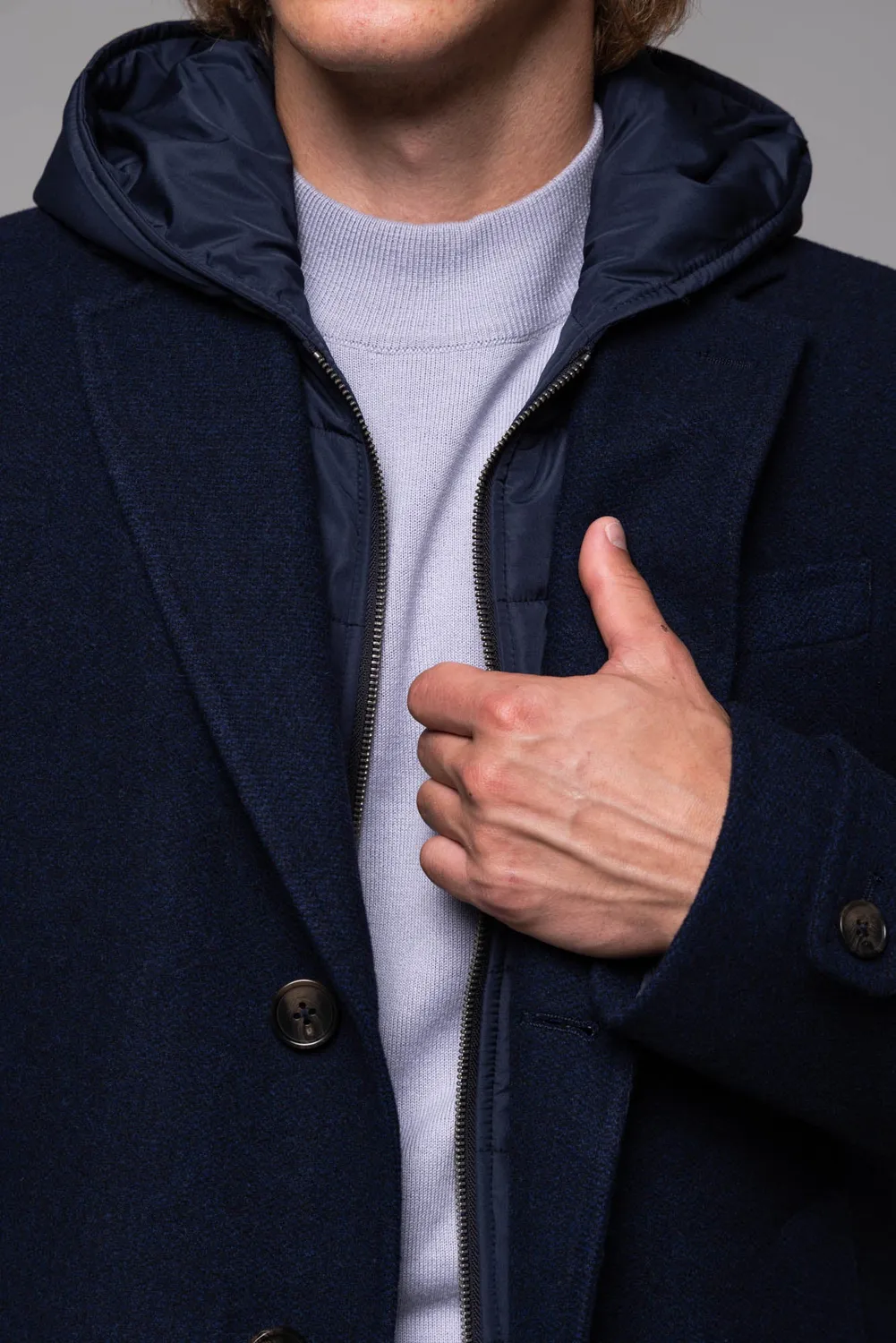 Alain Delon cappotto lana blu slim fit con cappuccio