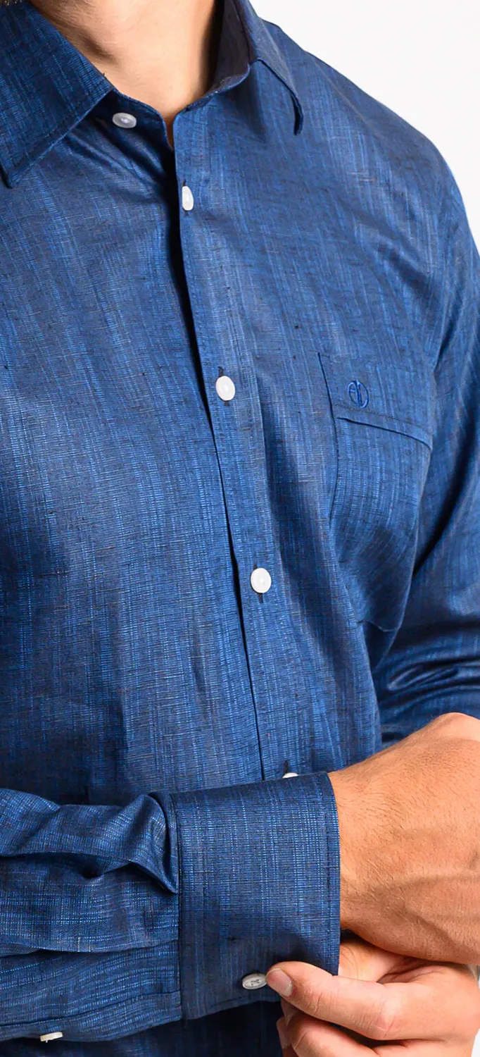 Alain Delon Camicia Slim Fit Blu Lino Cotone