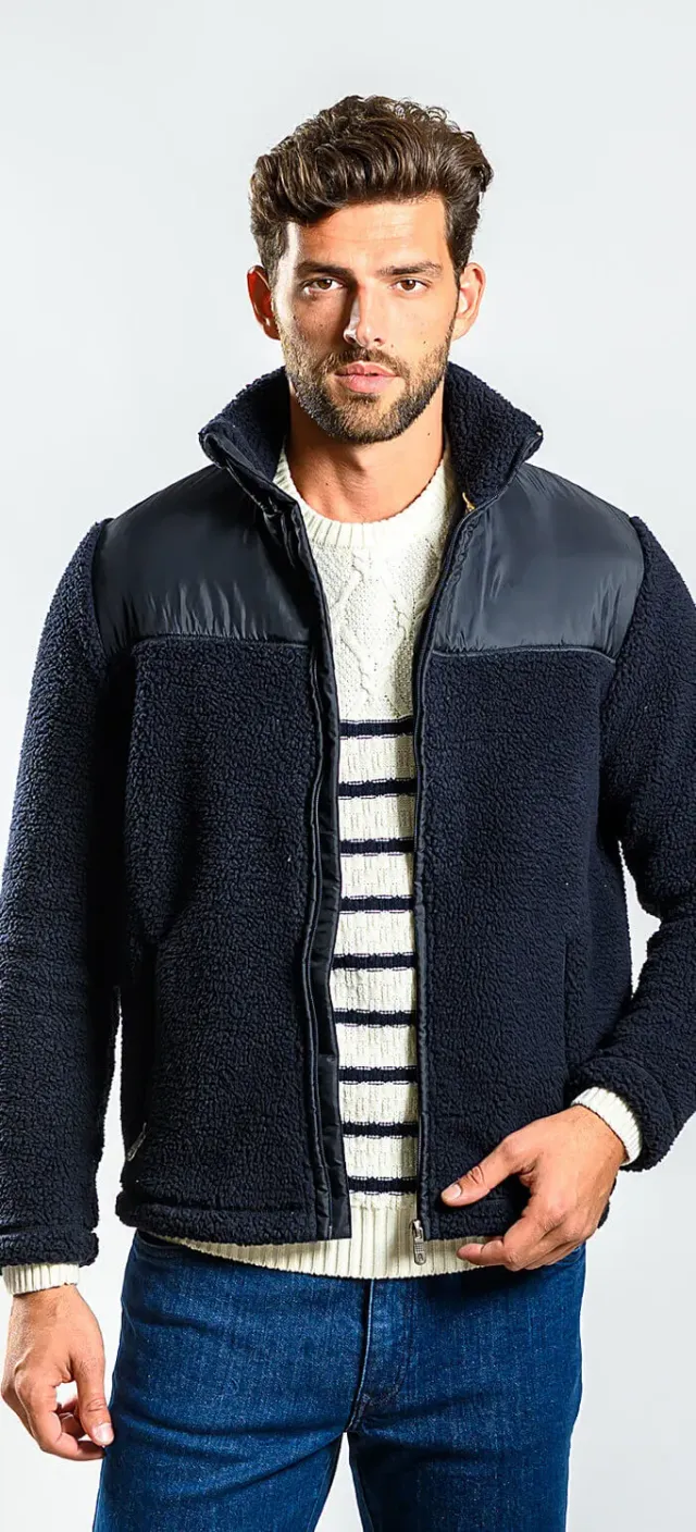 Alain Delon giacca pile blu navy slim fit zip