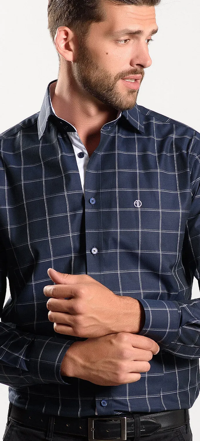Alain Delon Extra Slim Fit camicia blu quadri collo alto