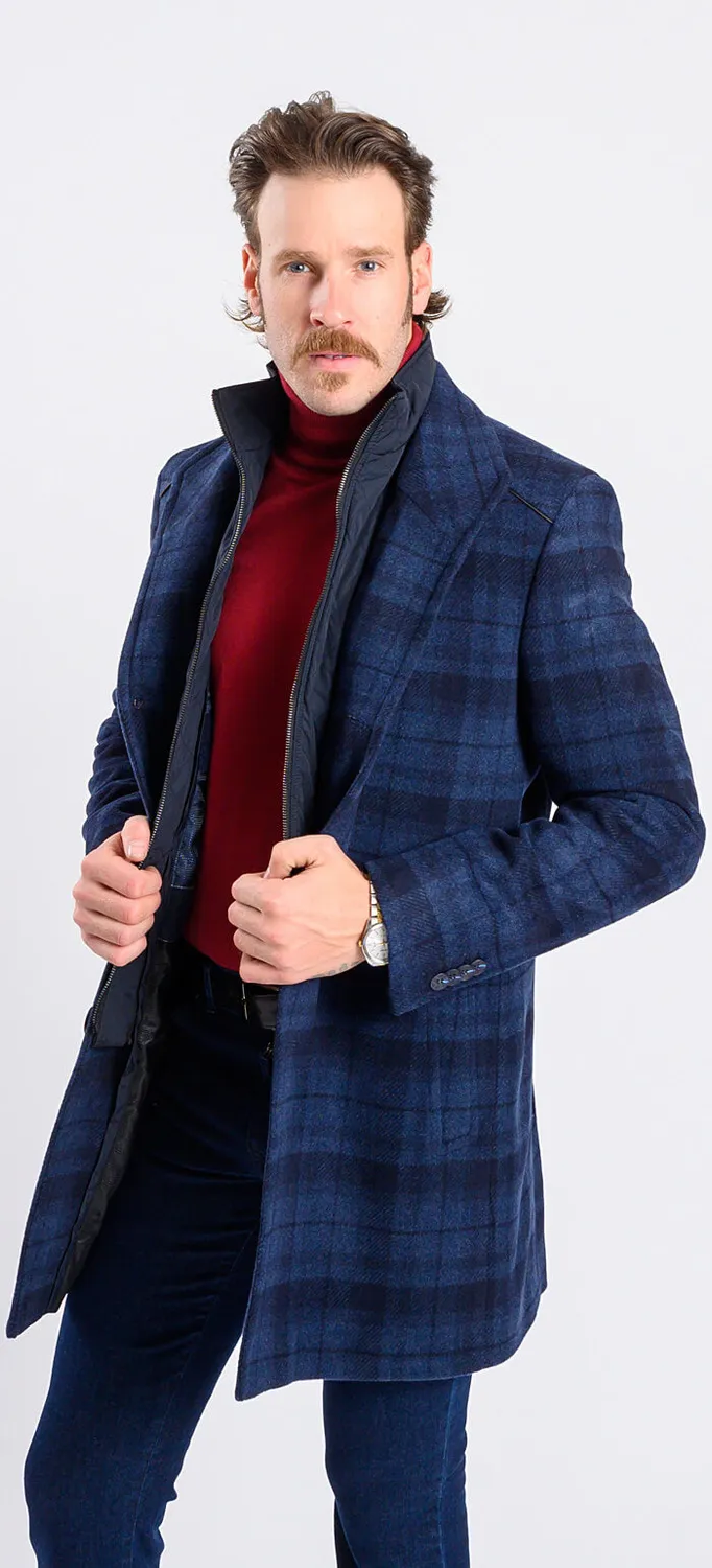 Alain Delon cappotto lana blu quadri fodera removibile