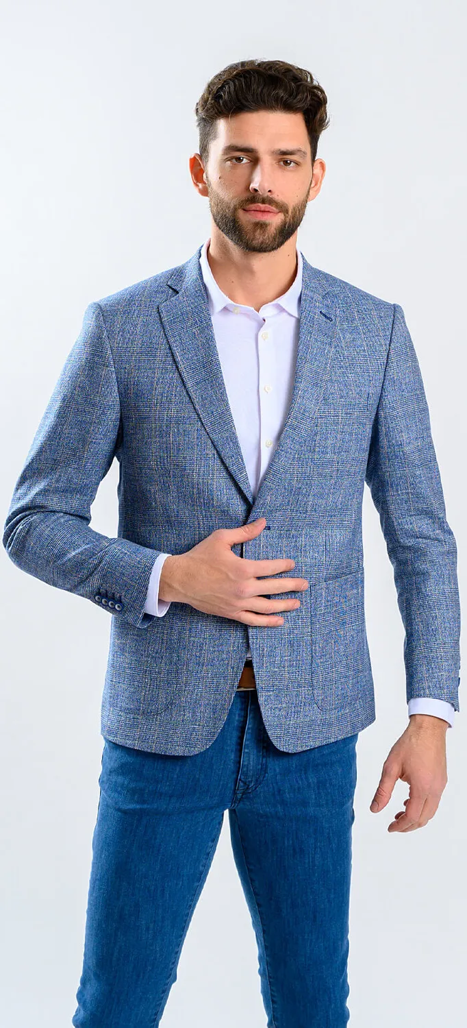 Alain Delon Blazer Azzurro Quadri Lino Lana Slim