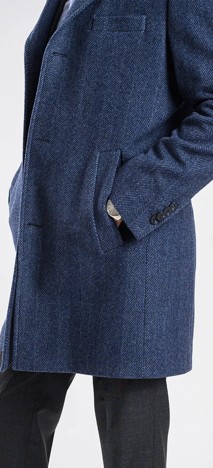 Alain Delon cappotto slim fit blu spigato tasche oblique lana