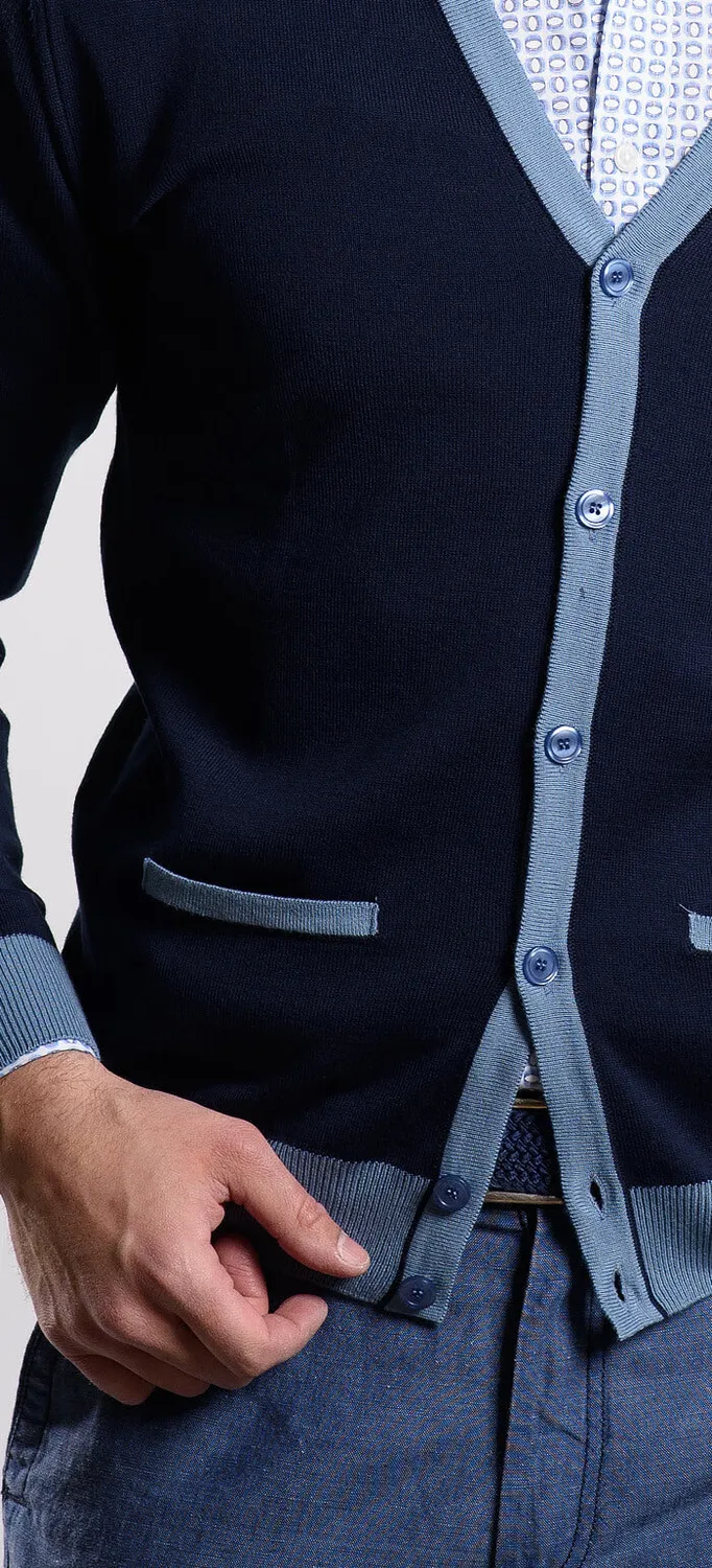 Alain Delon maglione cotone blu navy bordi azzurri