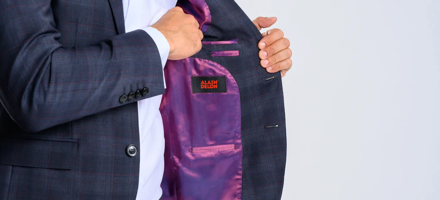 Alain Delon Abito Blu Slim Fit Quadri Bordeaux Misto