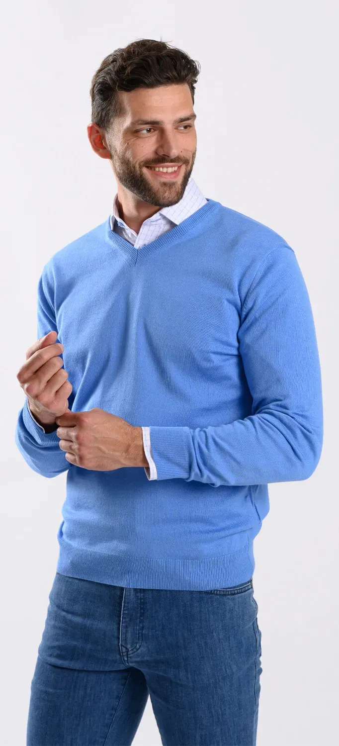 Alain Delon maglione azzurro scollo V cotone