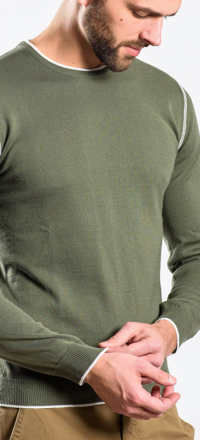 Alain Delon Maglione Verde Cotone Cuciture Bianche
