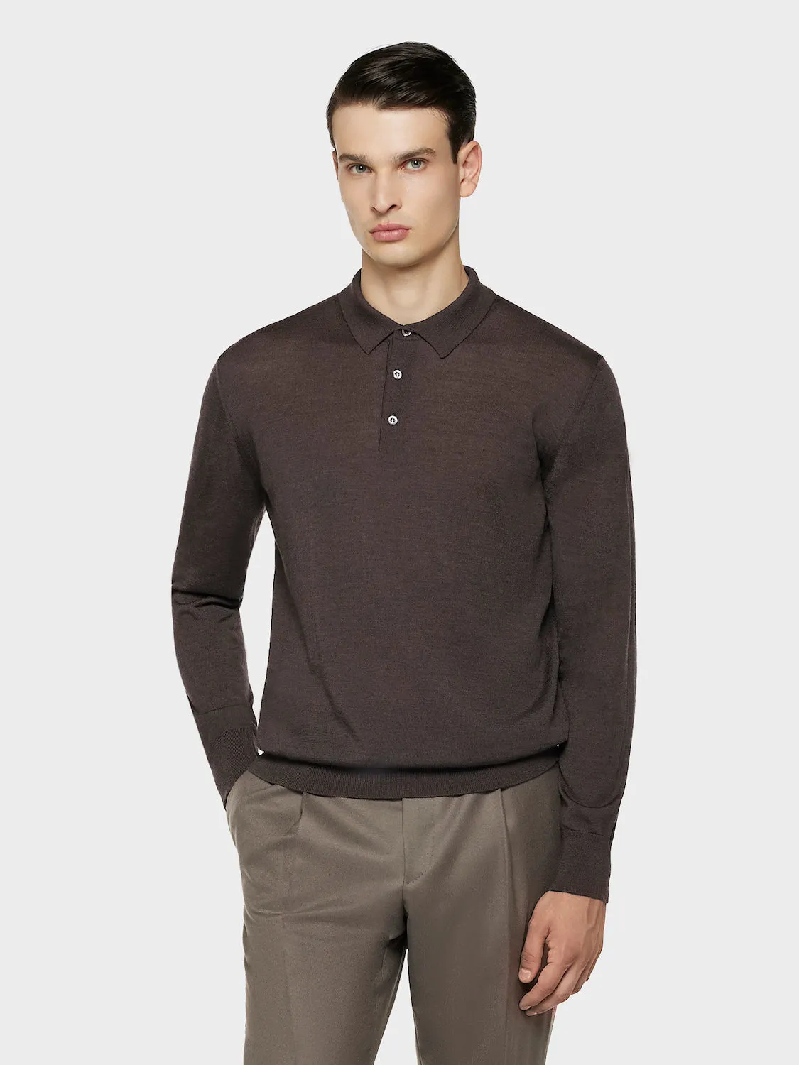 Caruso Polo Maniche Lunghe Lana Seta Cashmere Marrone