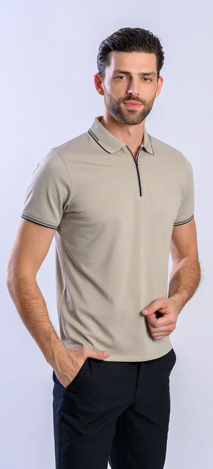 Alain Delon polo beige con zip slim fit