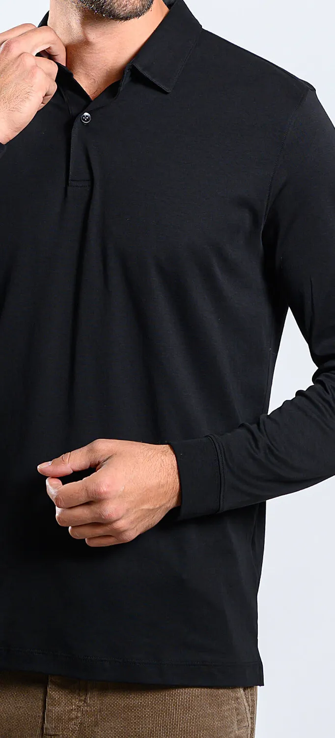 Alain Delon polo manica lunga nera slim fit cotone stretch