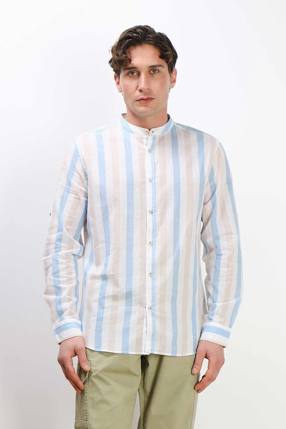 Sonny Bono Collo Coreano Camicia Azzurro Cotone Slub