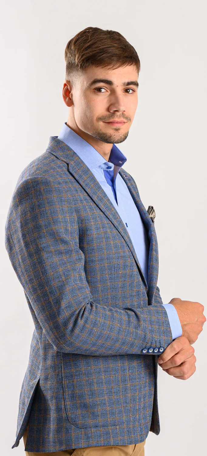 Alain Delon giacca blu lino quadri marroni slim fit