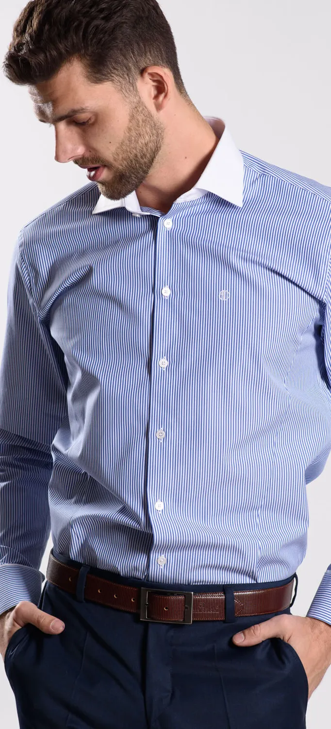 Alain Delon Camicia Blu Rigata Extra Slim Fit Business