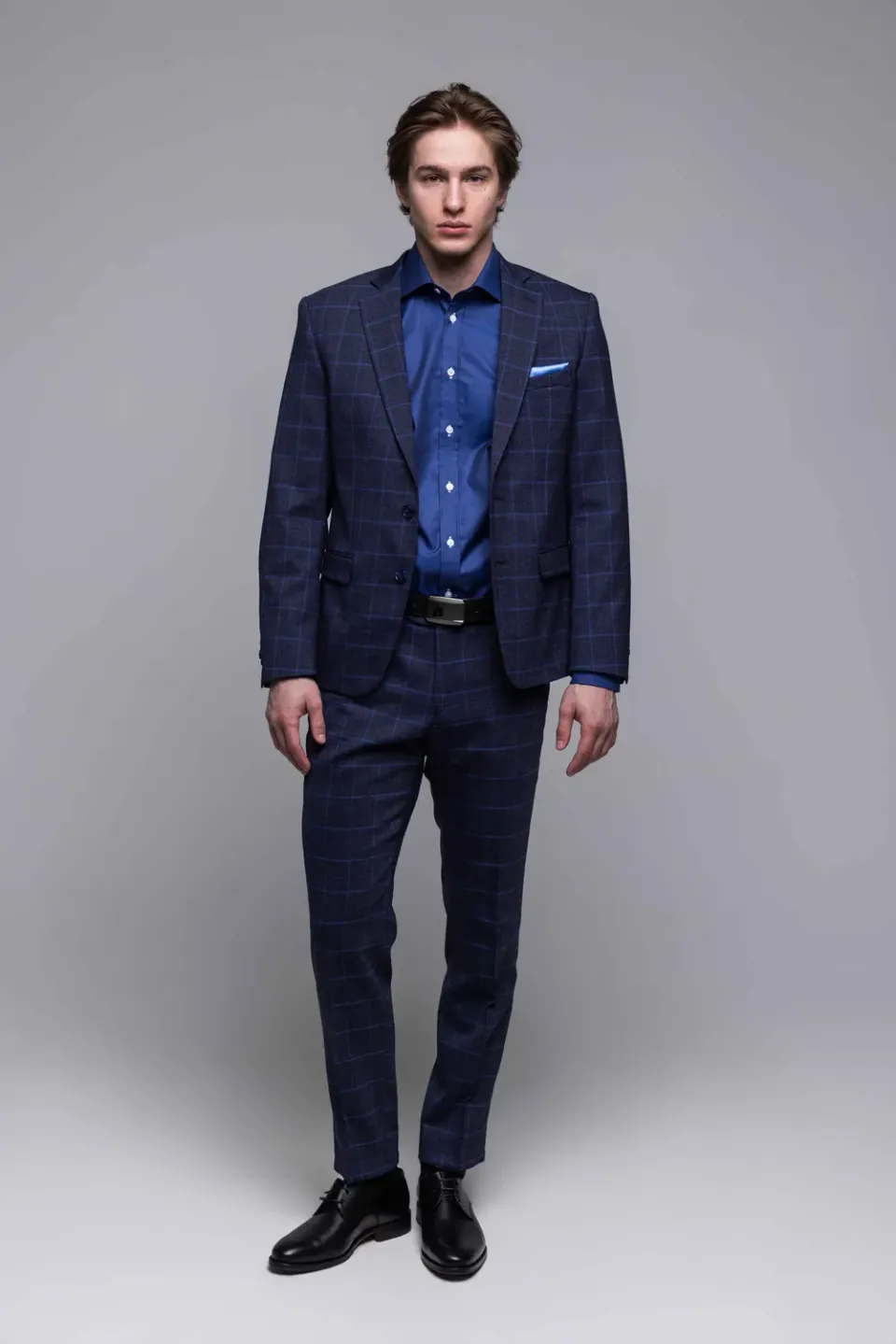 Alain Delon abito slim blu quadri azzurri stretch