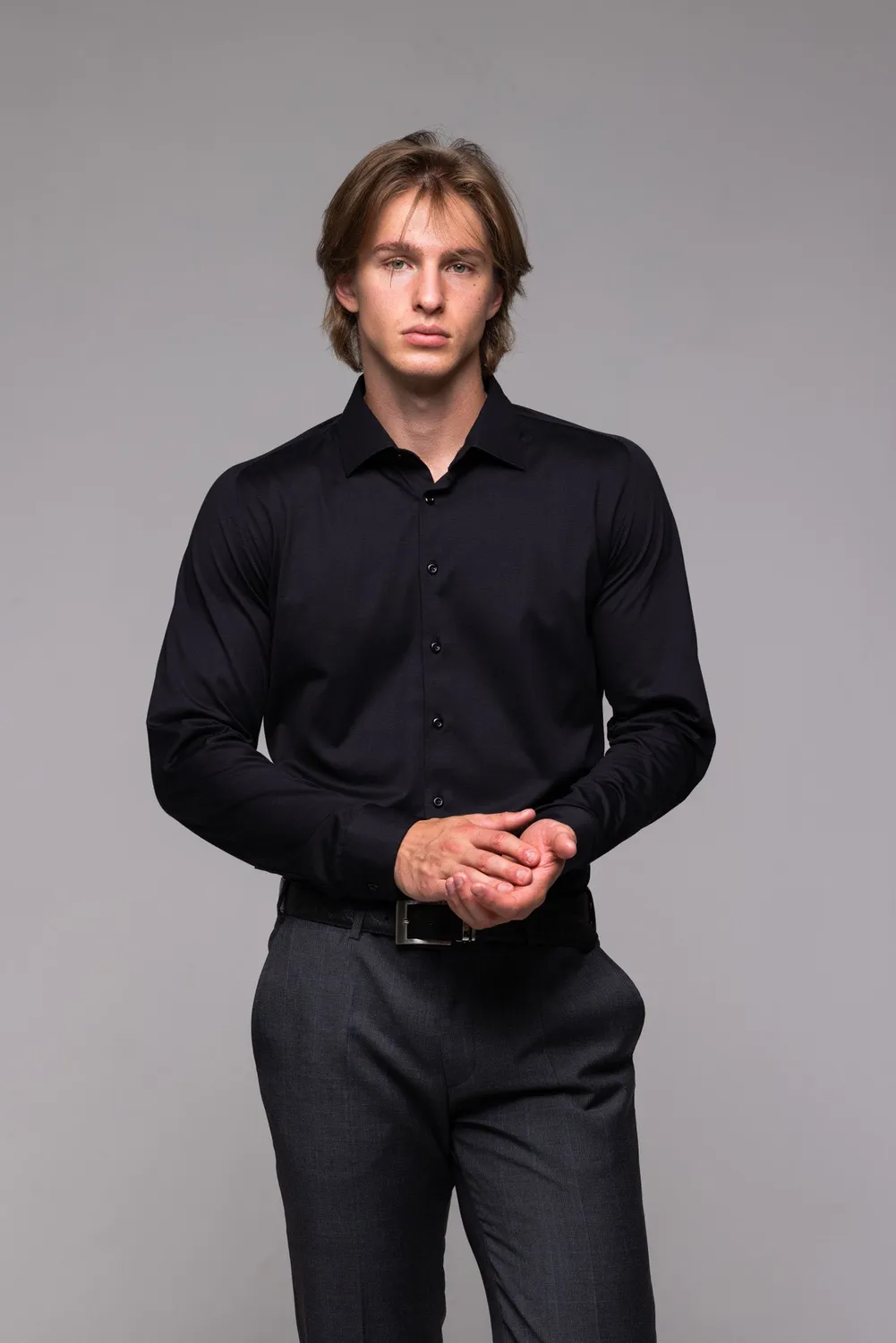 Alain Delon camicia extra slim nera jersey stretch
