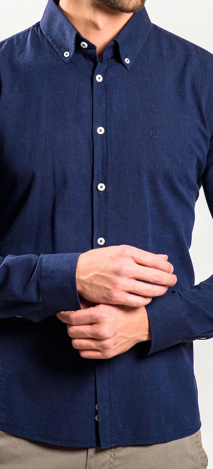 Alain Delon Camicia Extra Slim Lino Blu da Fuori