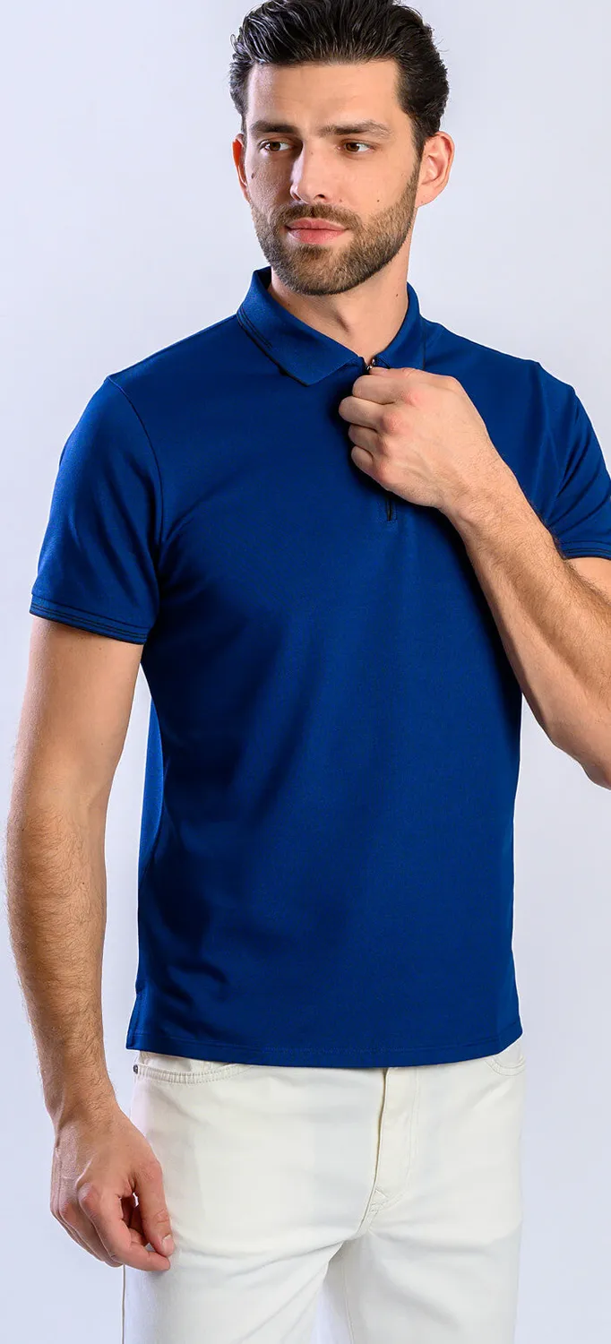Alain Delon Polo Blu Zip Slim Leggera Traspirante