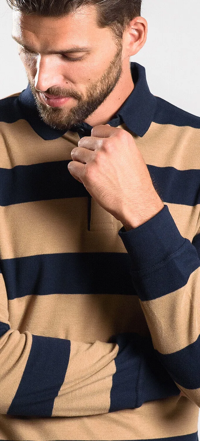 Alain Delon polo manica lunga righe marrone blu