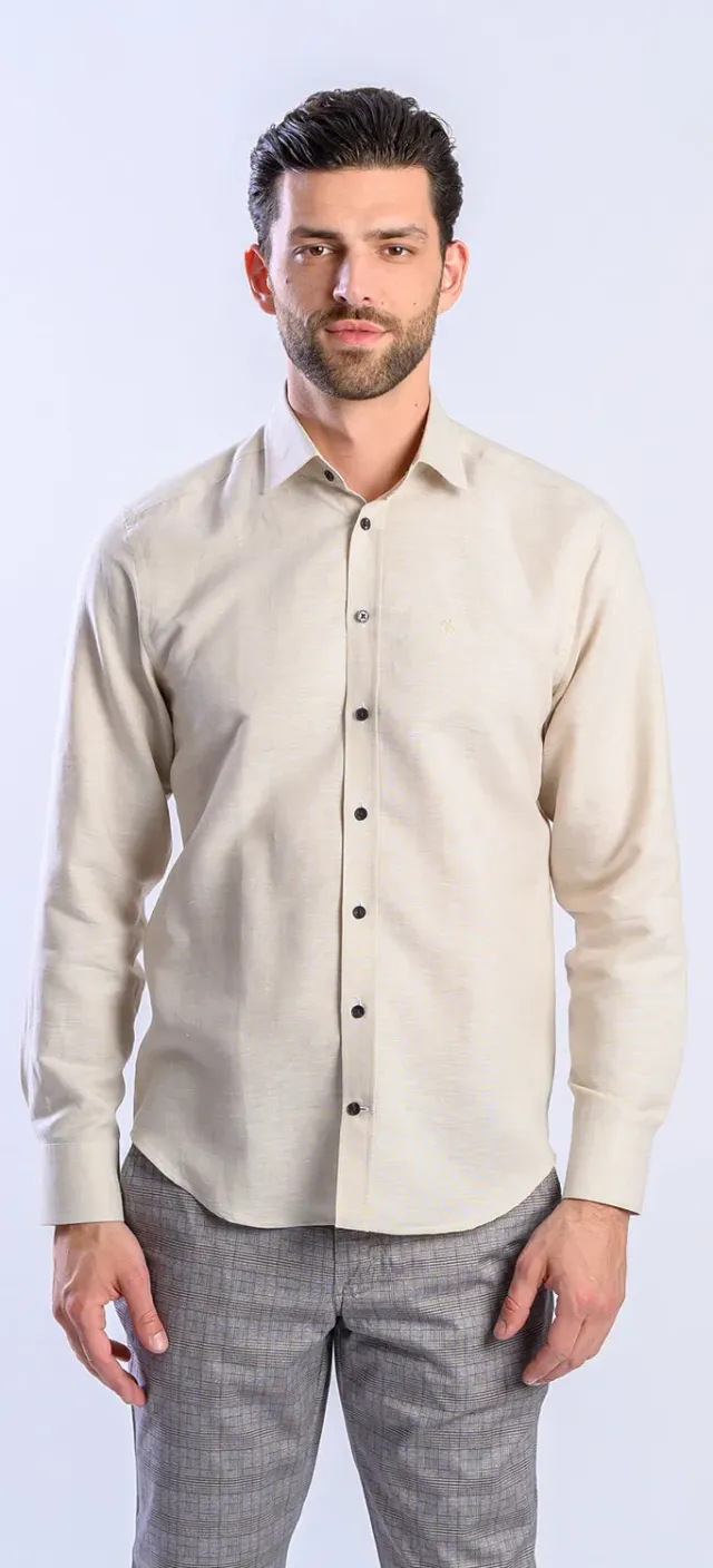 Alain Delon camicia extra slim beige lino bottoni marroni