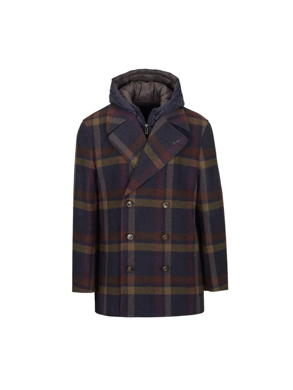 Paoloni Peacoat overcheck blu misto lana cappuccio