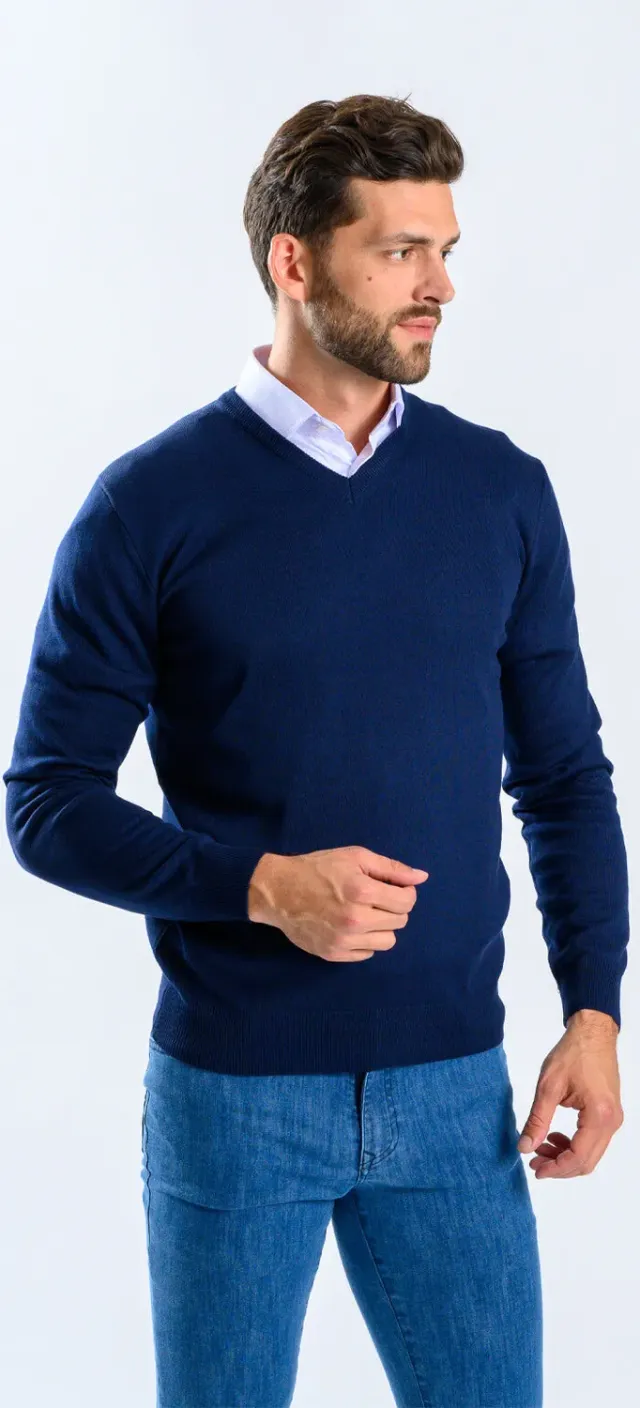 Alain Delon Maglione Blu Navy maglione scollo a V cotone