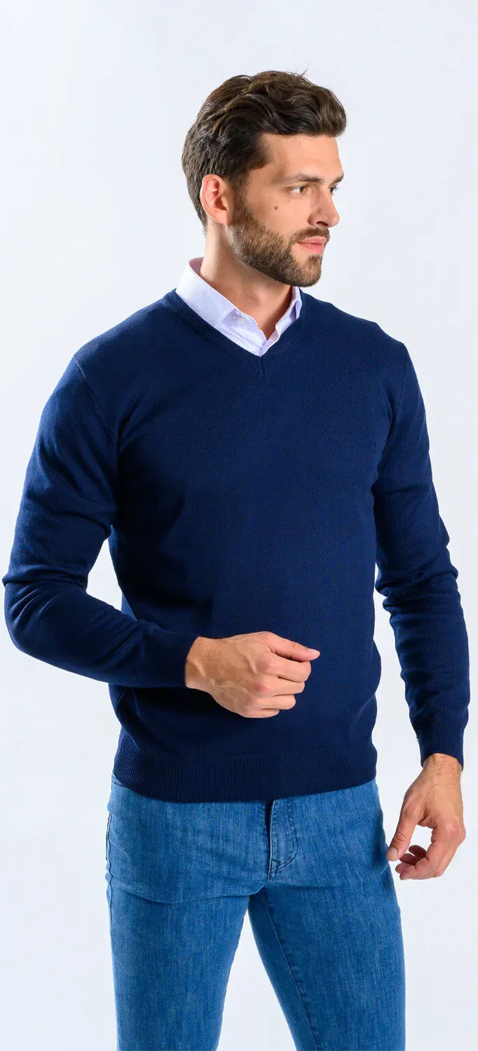 Alain Delon Maglione Blu Navy maglione scollo a V cotone