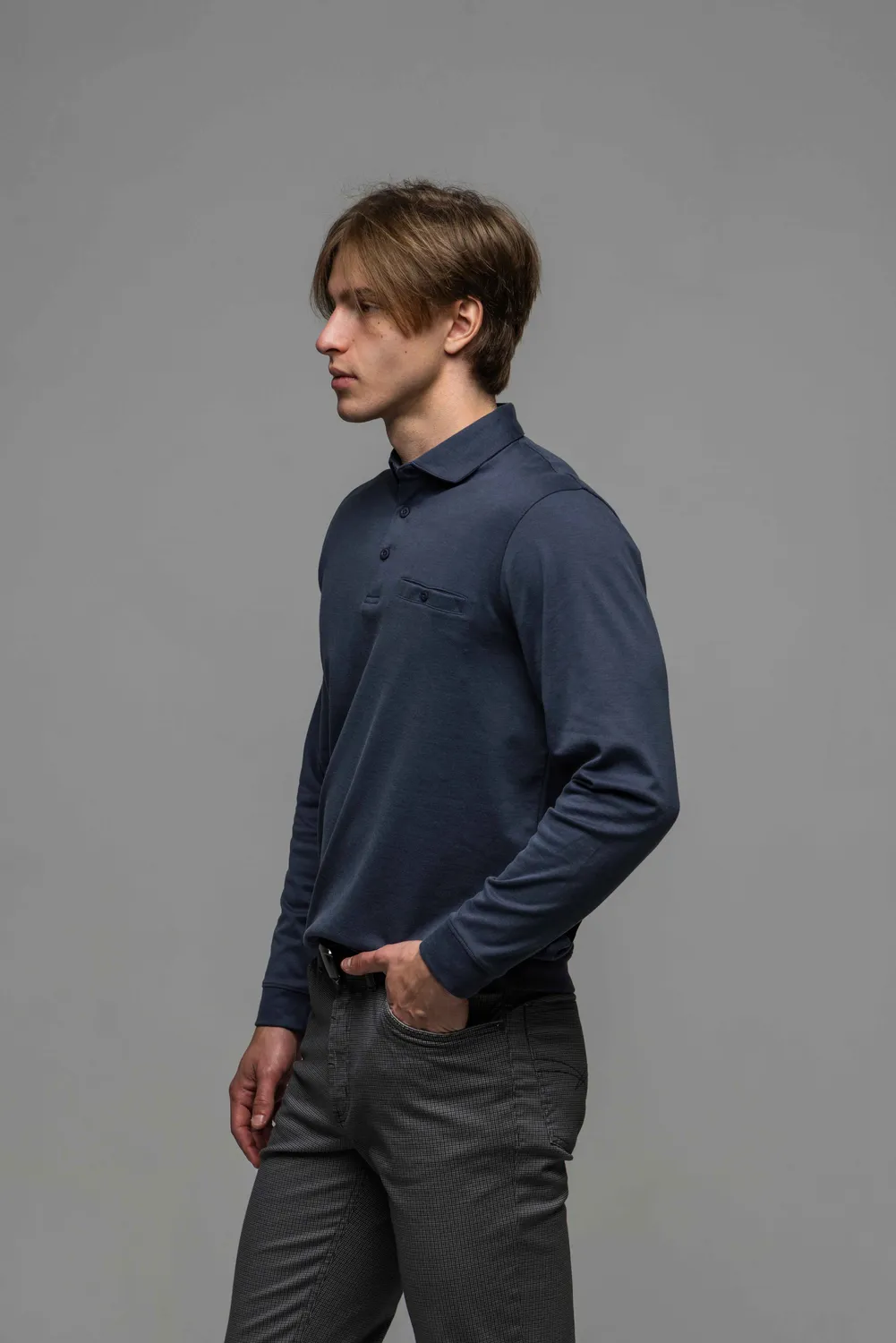 Alain Delon Polo Blu Manica Lunga Uomo Cotone