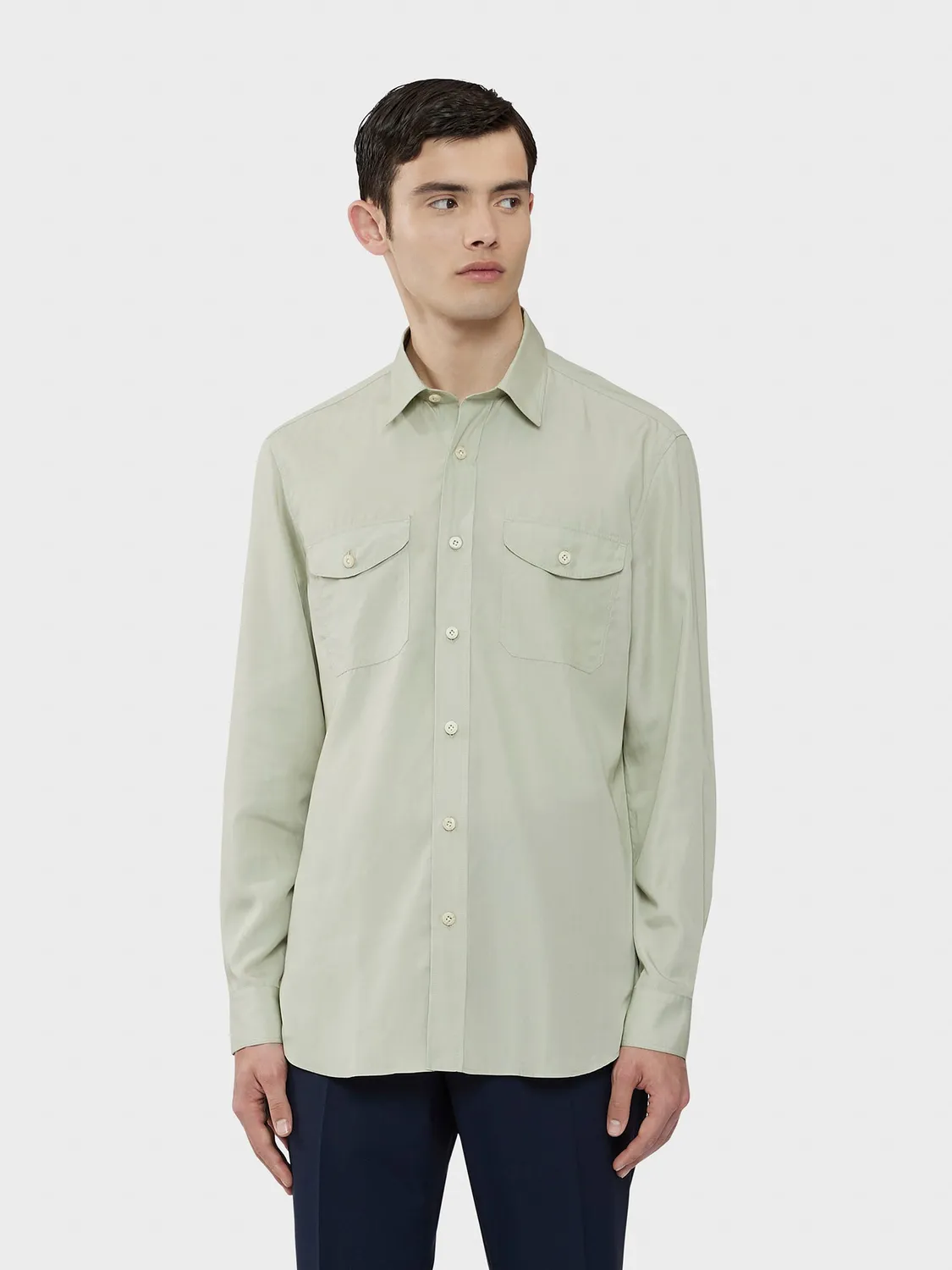 Caruso Camicia in Tencel Verde Salvia con Tasche a Toppa