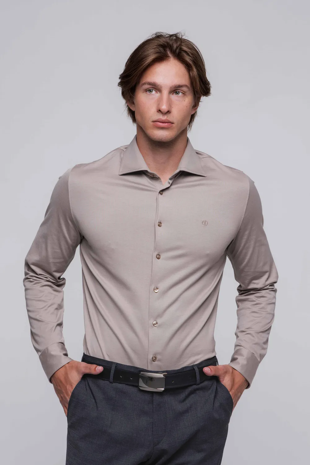 Alain Delon Extra Slim Fit camicia beige elasticizzata