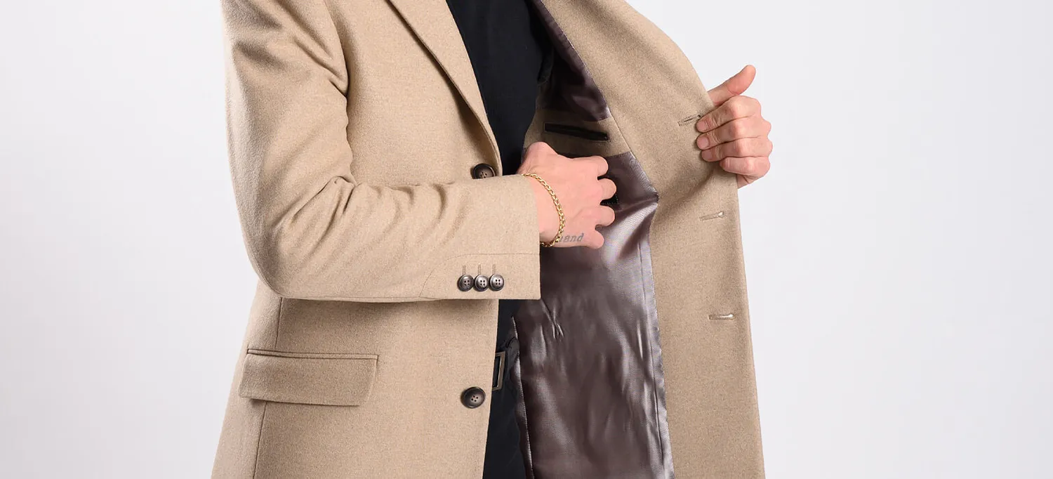 Alain Delon cappotto beige lana slim fit tasche pattina