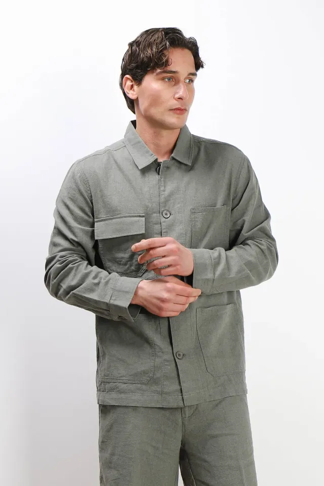 Sonny Bono Overshirt Misto Lino Verde Militare Uomo