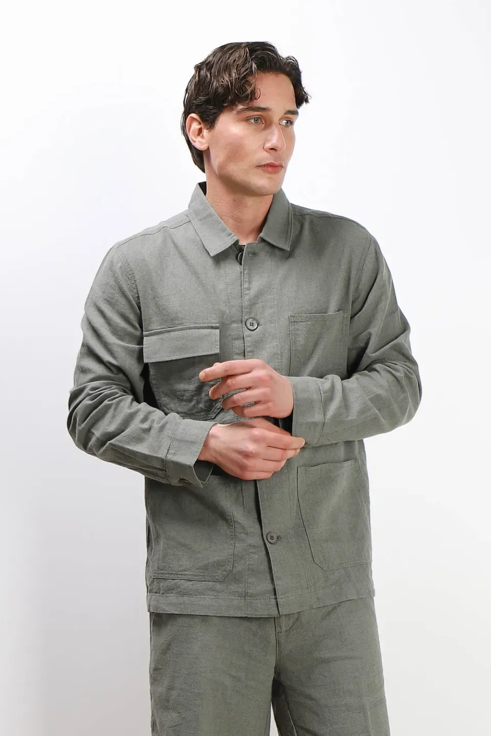 Sonny Bono Overshirt Misto Lino Verde Militare Uomo