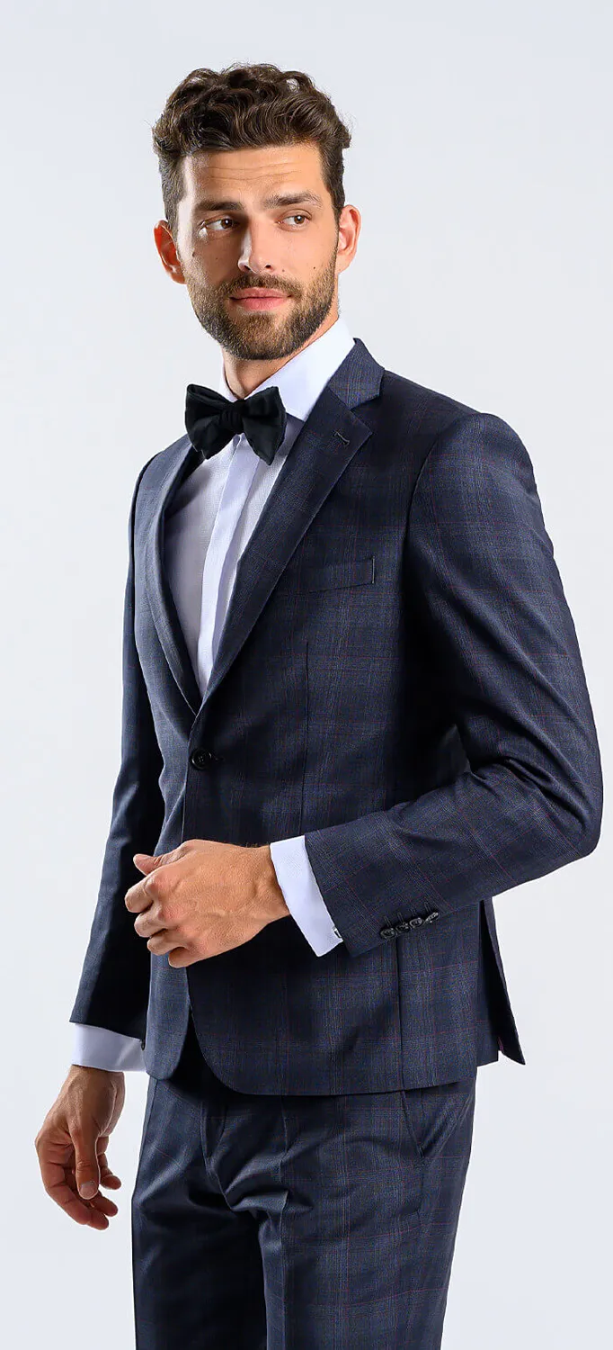 Alain Delon Abito Blu Slim Fit Quadri Bordeaux Misto