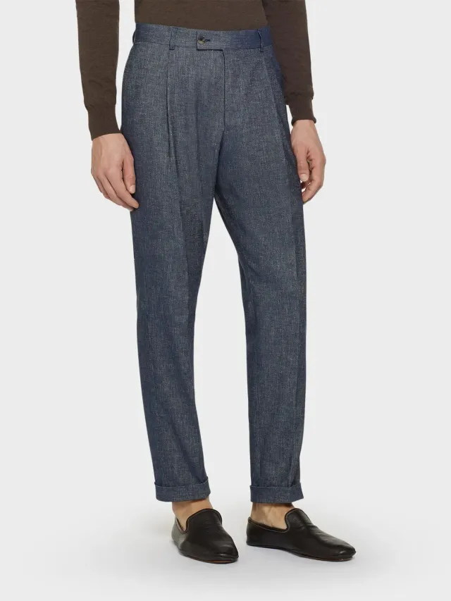 Caruso pantalone carrot lino cotone blu denim