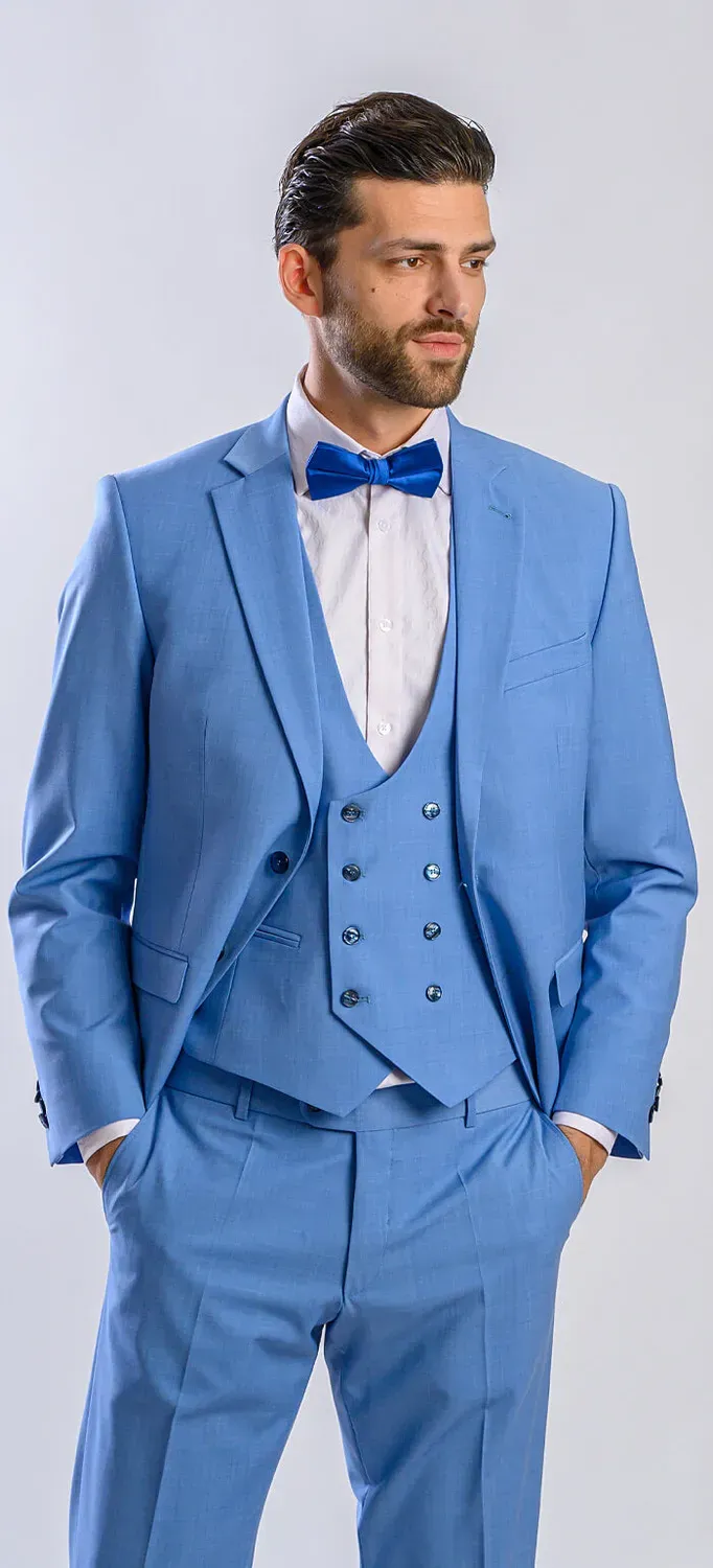 Alain Delon abito slim fit azzurro gilet doppiopetto