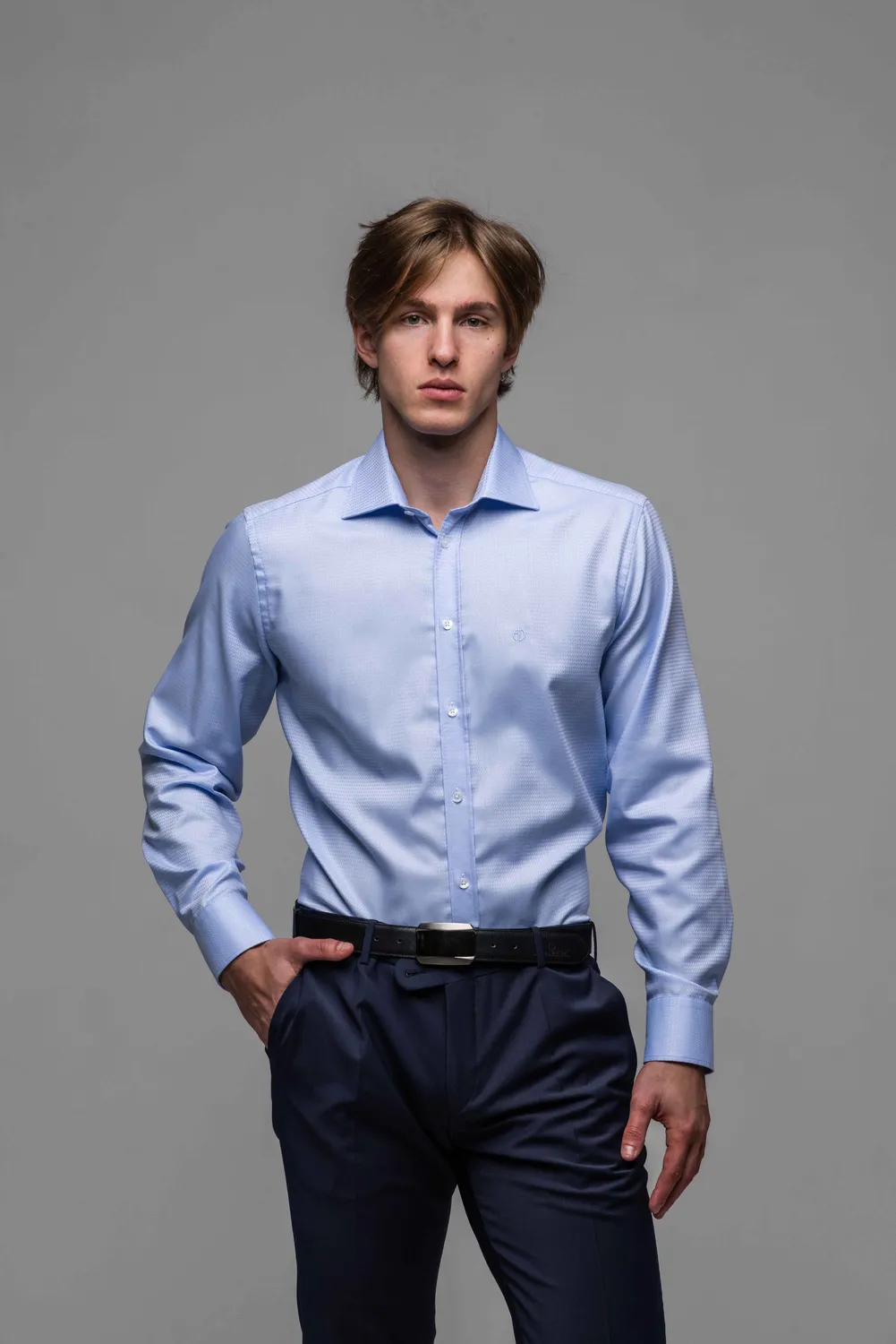 Alain Delon Classic Fit camicia blu elegante fantasia maglia