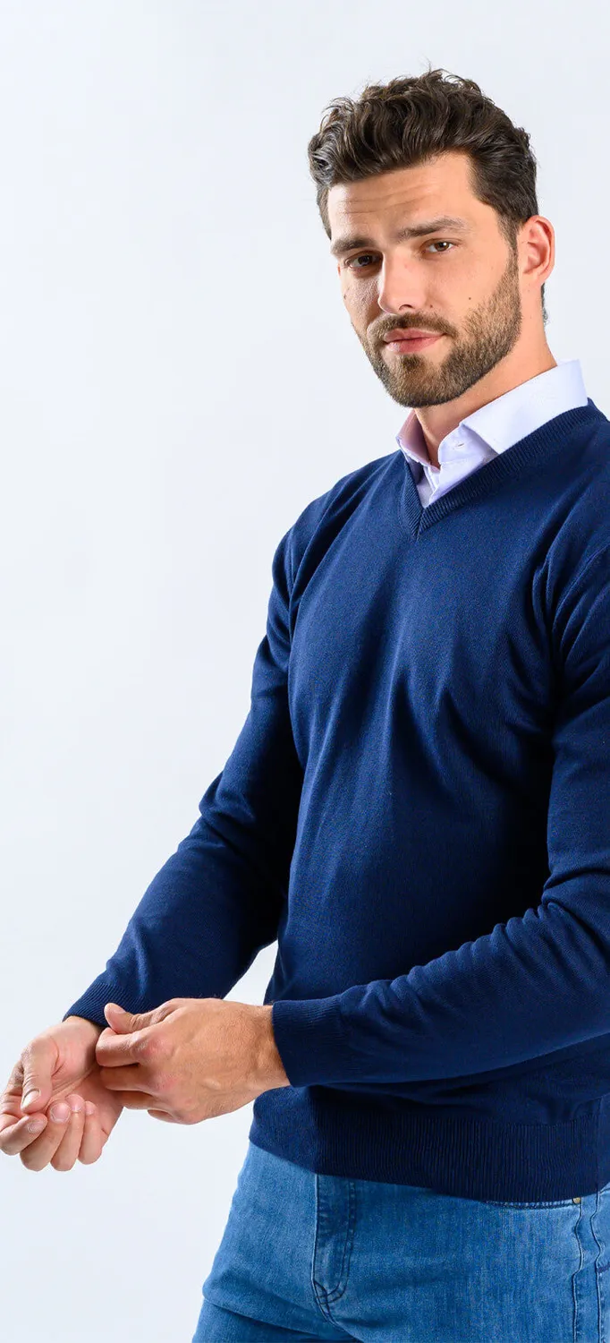 Alain Delon Maglione Blu Navy maglione scollo a V cotone