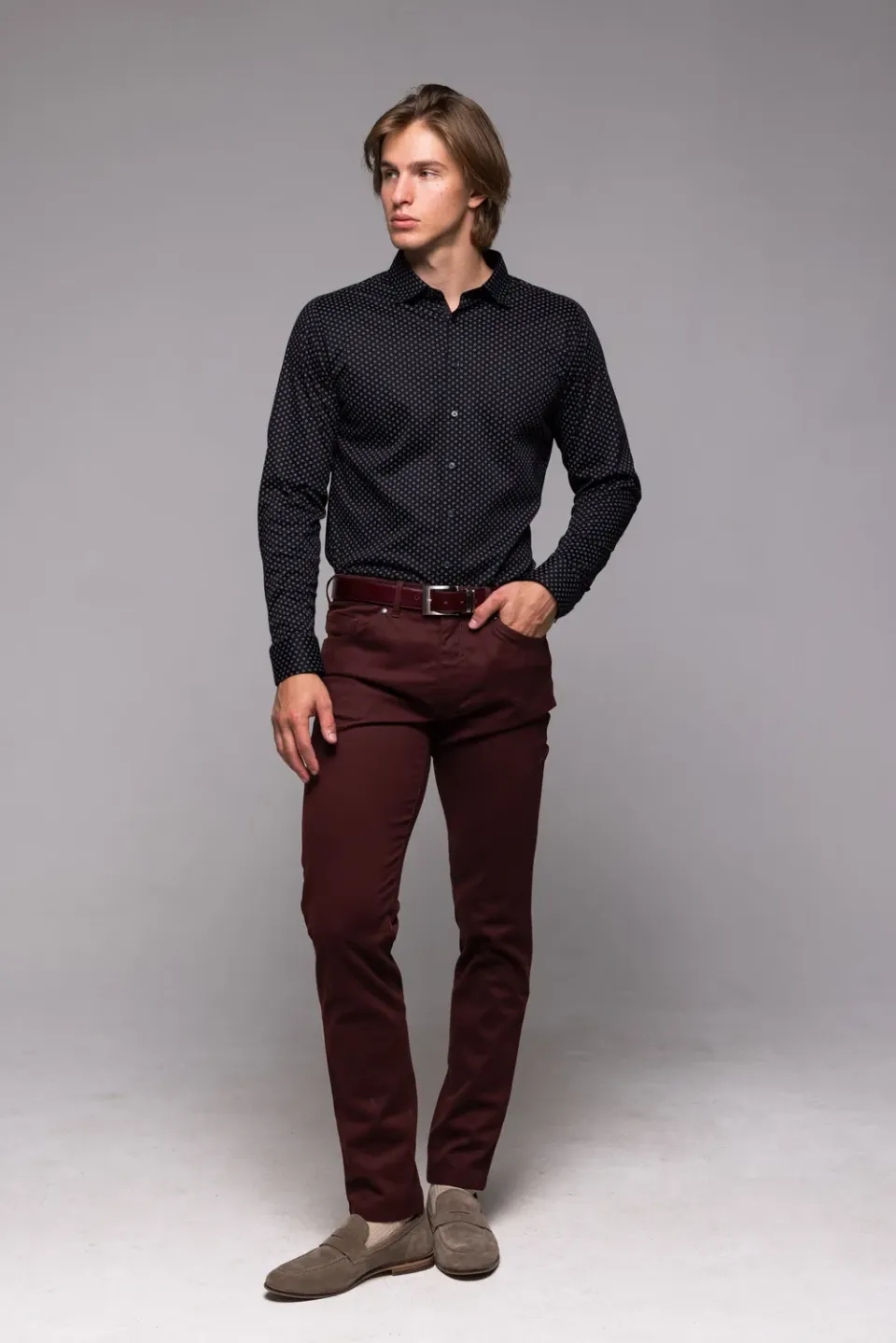Alain Delon camicia nera extra slim fit elasticizzata fantasia