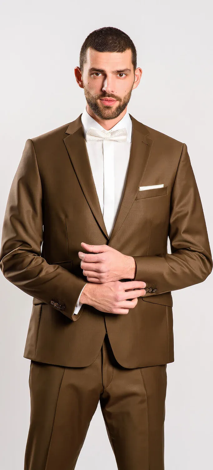 Alain Delon abito slim fit marrone nozze lana stretch