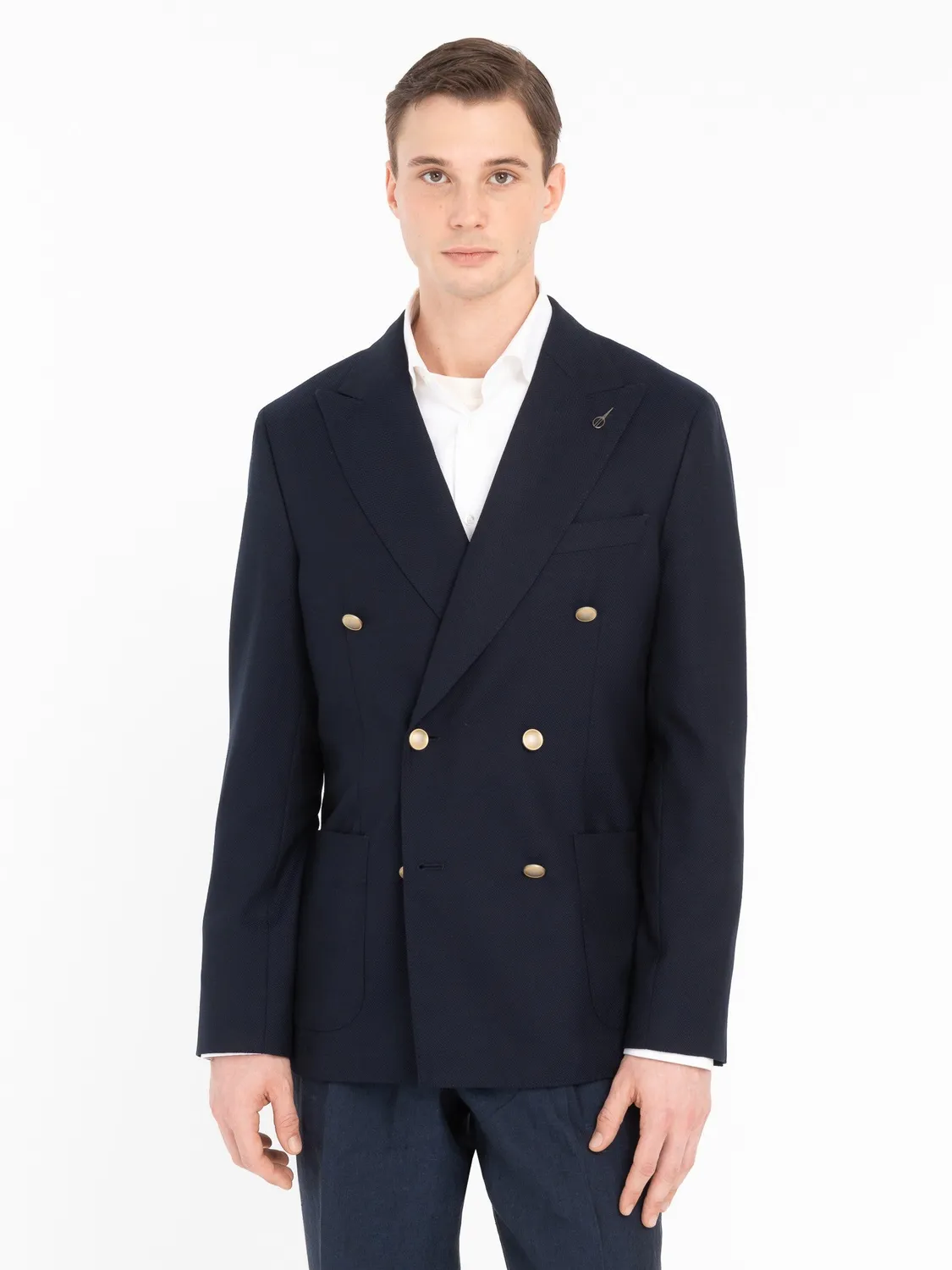 Paoloni Giacca doppiopetto micro texture lana blu