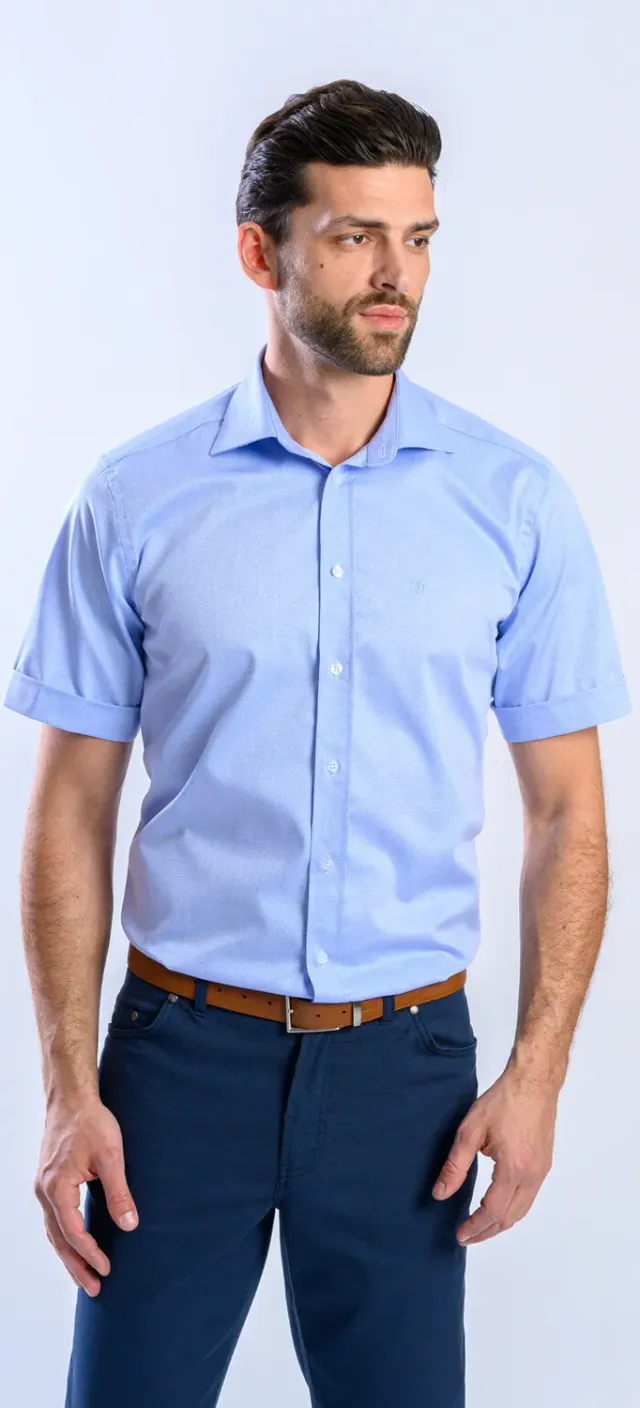 Alain Delon camicia manica corta azzurra slim fit cotone