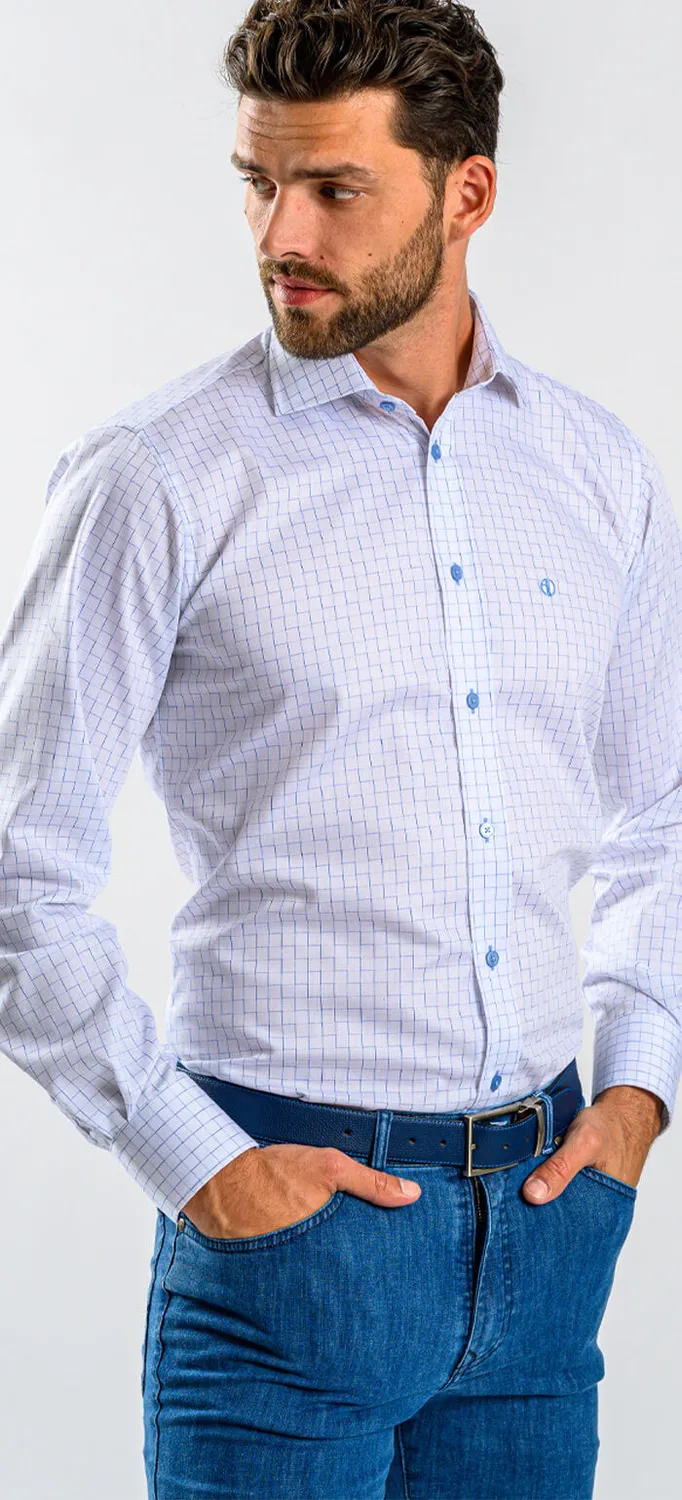 Alain Delon camicia slim fit bianca quadri blu cotone Getzner