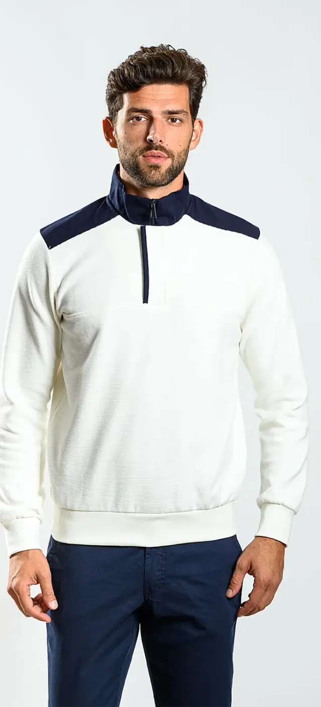 Alain Delon felpa bianca sportiva collo zip blu