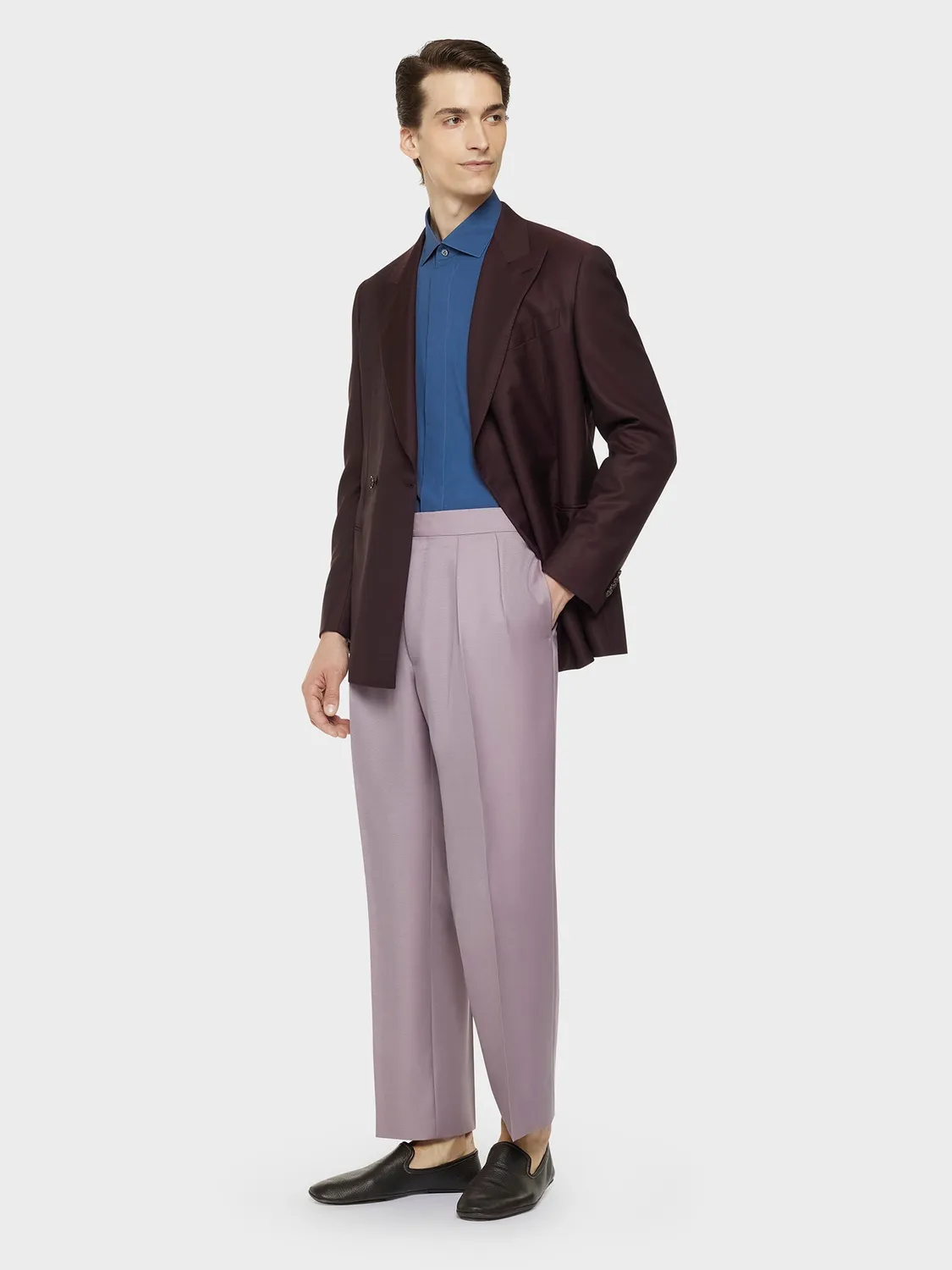 Caruso pantalone vita alta lana mohair seta malva