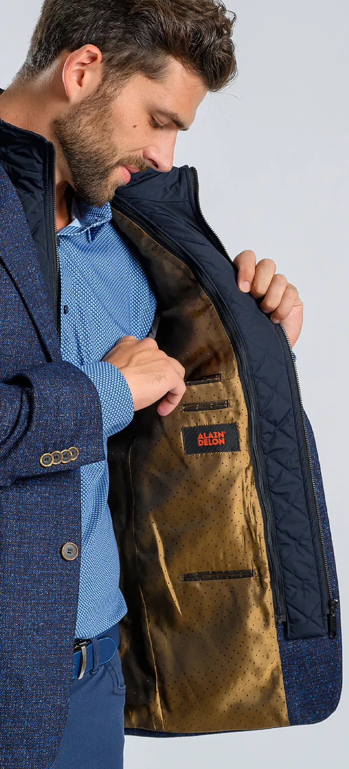 Alain Delon blazer blu spruzzato lana seta fodera zip