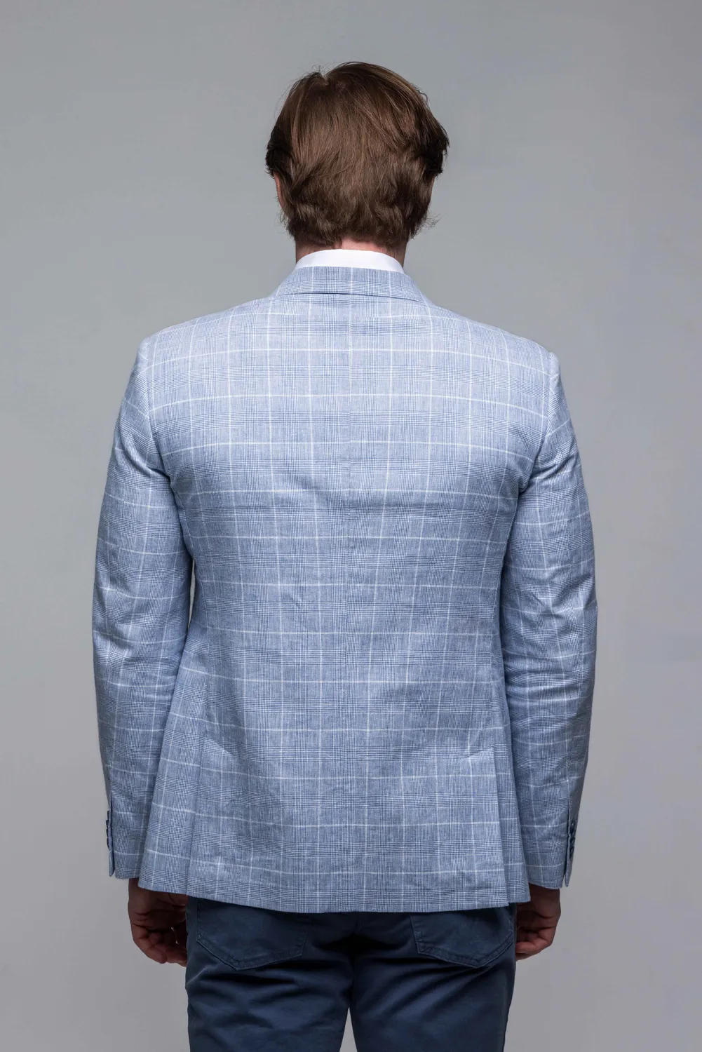 Alain Delon Slim Fit blazer lino azzurro quadri bianchi