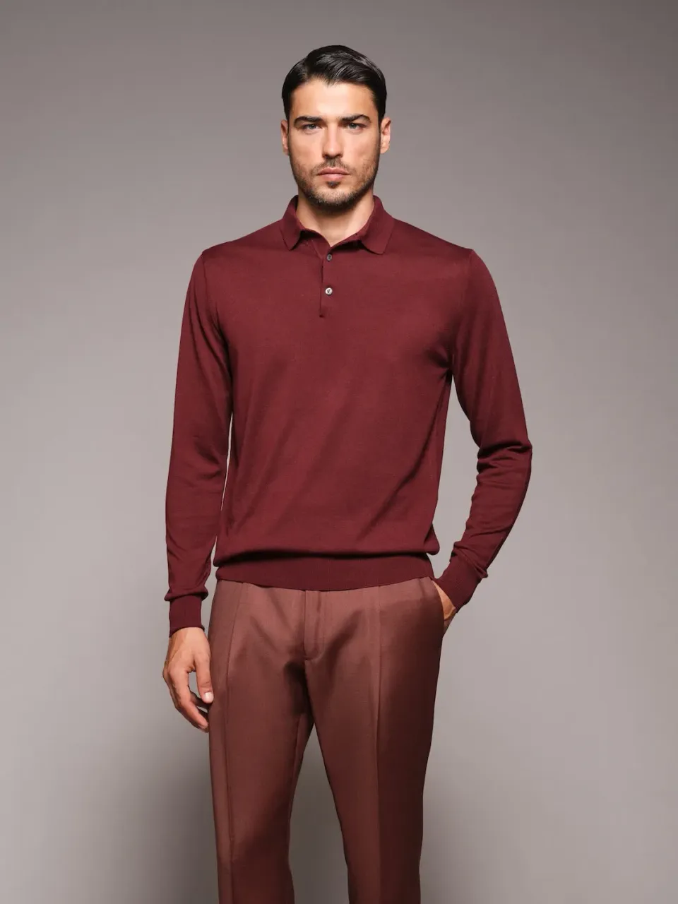 Caruso Polo maniche lunghe seta cotone bordeaux